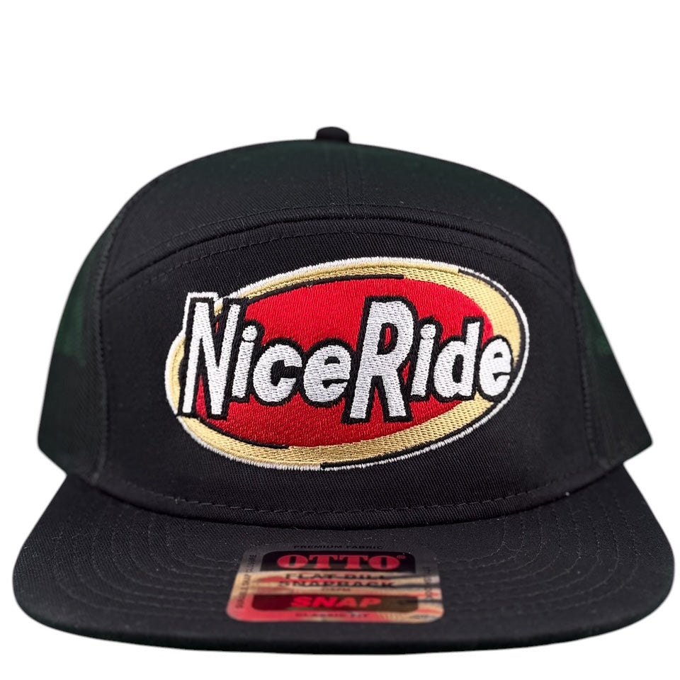NICERIDE 'Meow' Otto seven-panel snapback hat with logo, black cap, bold style and comfort.