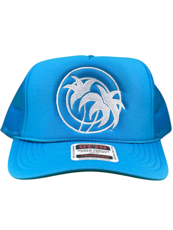 Hot Foam hat featuring palm tree embroidery on a blue foam trucker cap.