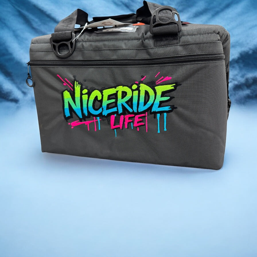 Black insulated AO cooler featuring NICERIDE with vibrant graffiti-style design.