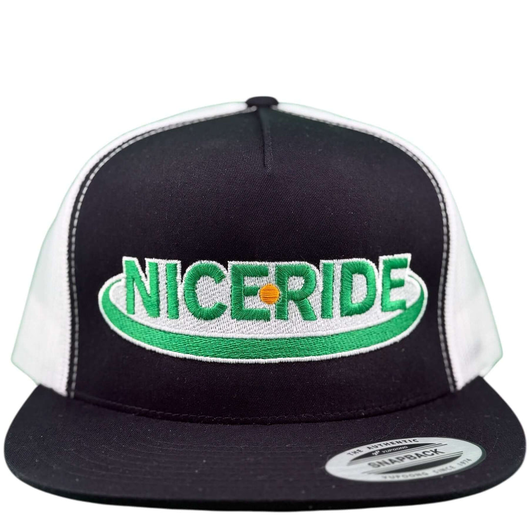 NICERIDE 'Pull Start' unisex adjustable trucker hat with embroidered logo in green and white on a black cap.