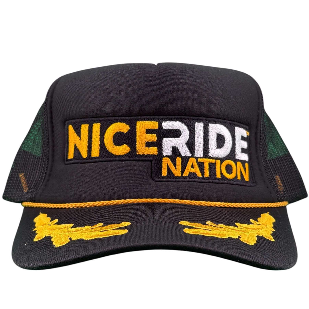 Black foam captain's hat featuring NICERIDE NATION logo and decorative yellow stitching.