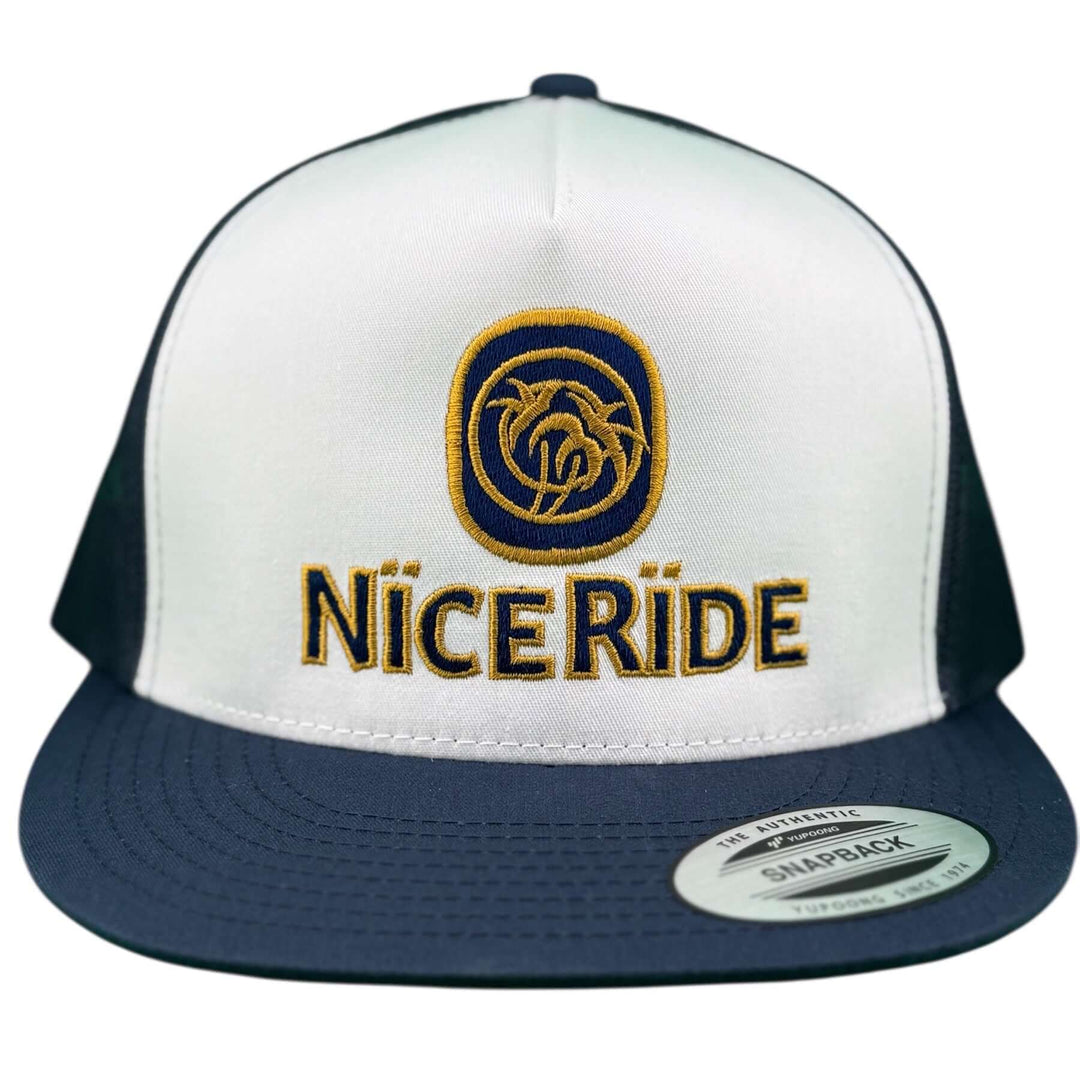 NiceRide unisex adjustable trucker hat with embroidered logo in blue and white, perfect for casual and outdoor activities.