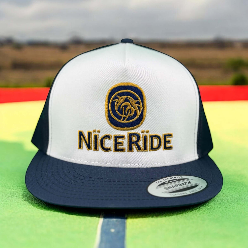 Nice Ride adjustable unisex trucker hat with embroidered logo, perfect for summer outdoor activities.