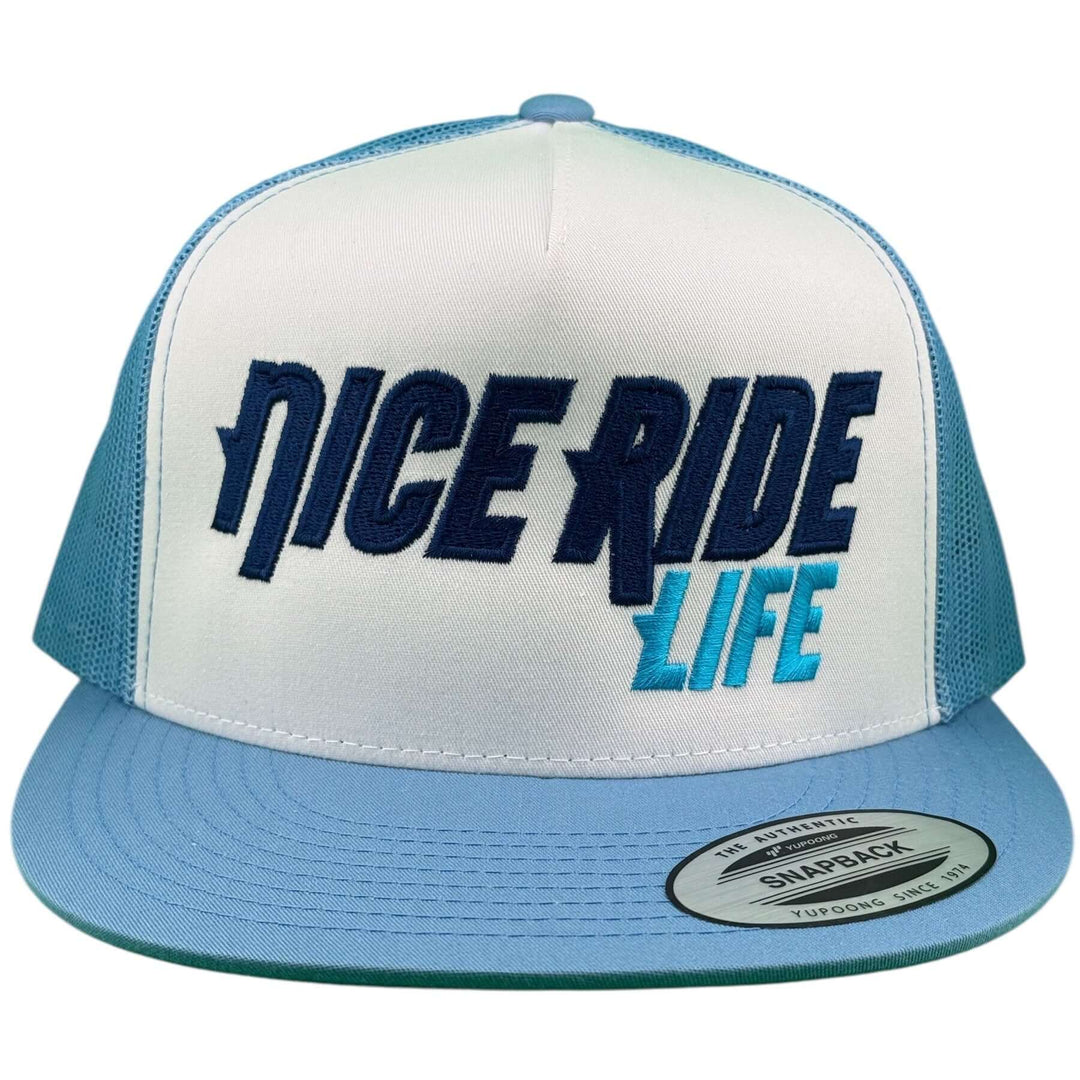 NICERIDE Life unisex adjustable snapback trucker hat in blue and white with bold logo design