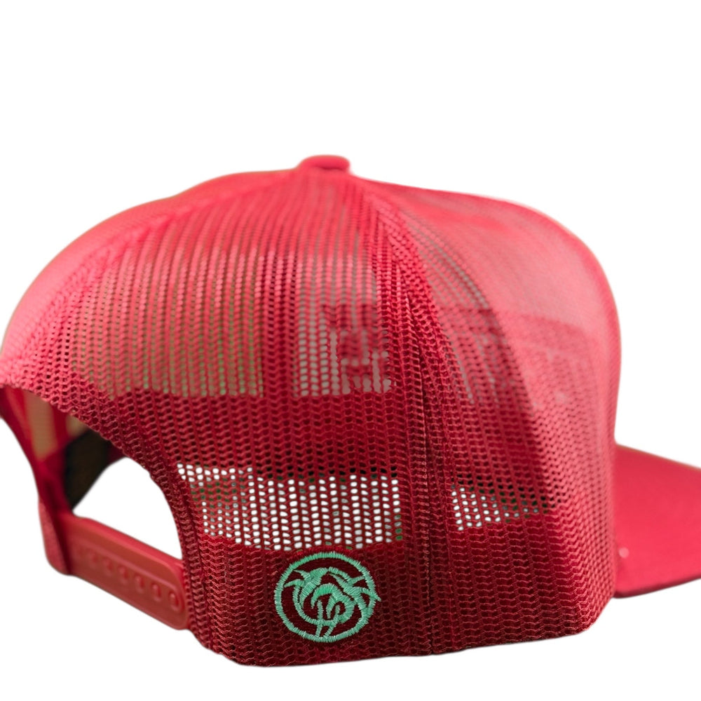 Back view of NICERIDE Travel unisex adjustable red trucker hat with mesh design and logo.