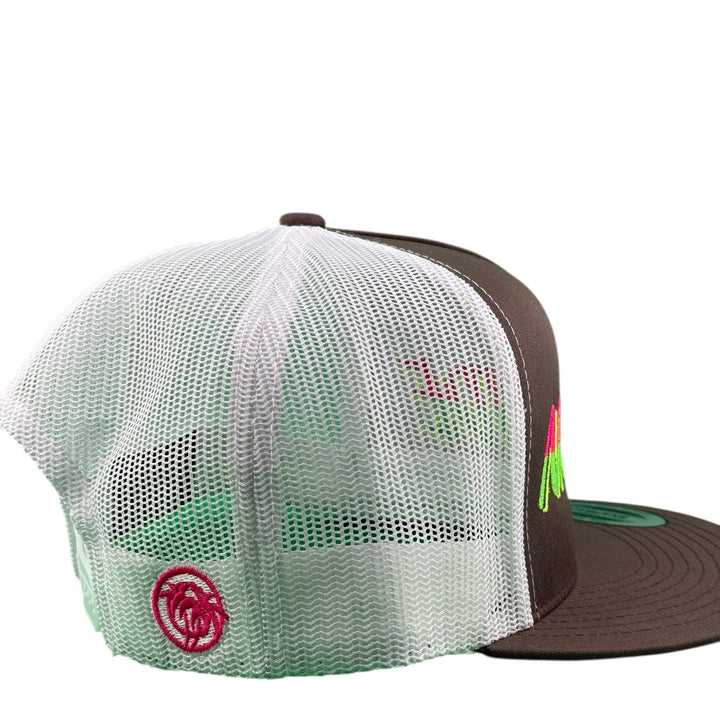 Back view of NICERIDE Slump Buster unisex adjustable trucker hat with mesh design and colorful logo.