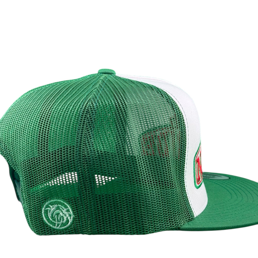 Green and white NICERIDE 'PIE' trucker hat showcasing mesh back and embroidered logo.