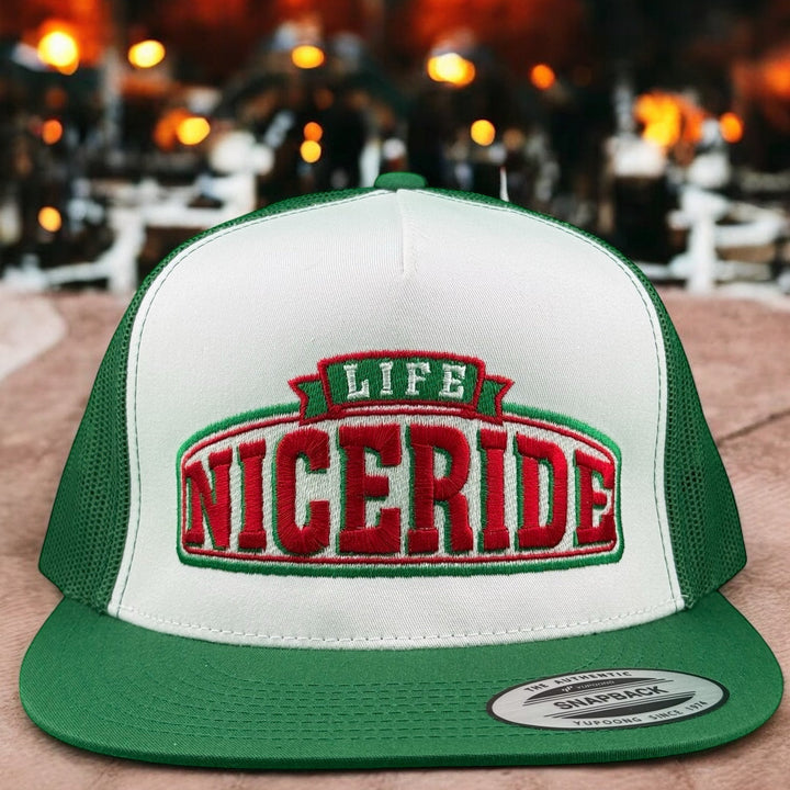 NICERIDE Life unisex adjustable trucker hat in green and white with embroidered logo.