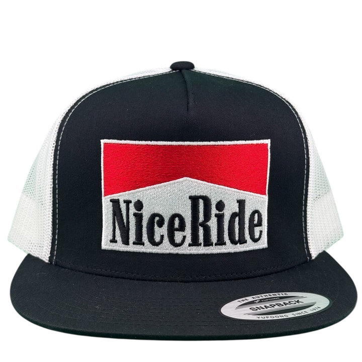 NICERIDE “REDS” unisex adjustable trucker hat in black with embroidered logo on front.