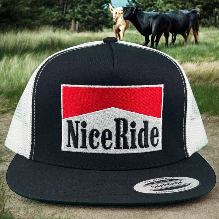 NICERIDE REDS unisex adjustable trucker hat featuring embroidered logo on black and white cap.