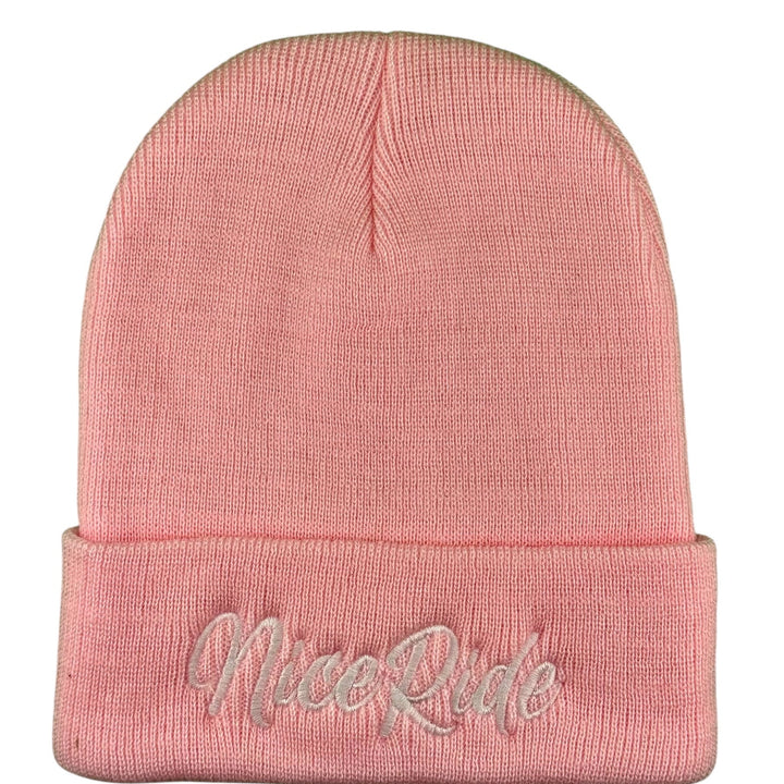 NICERIDE unisex pink cuff beanie, 100% acrylic knit, embroidered logo, stylish and warm winter hat.