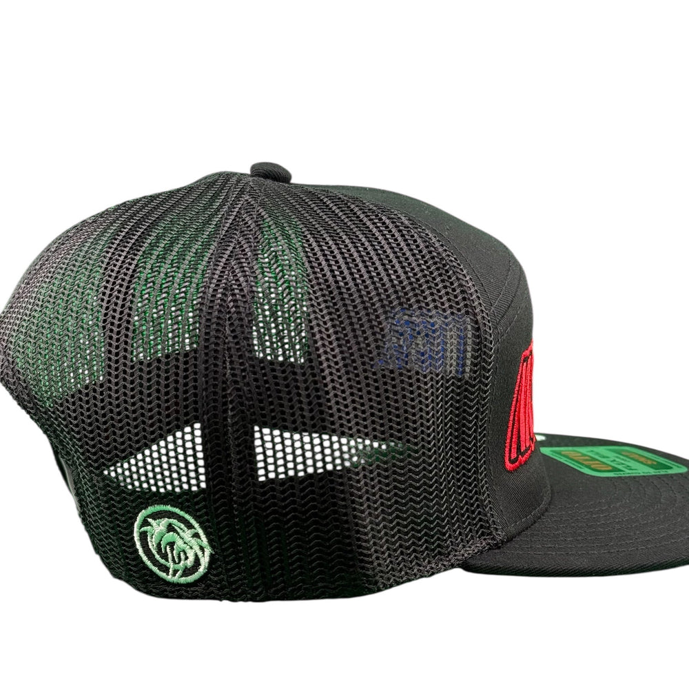 Back view of the Otto 7 panel unisex black adjustable hat featuring mesh design and vibrant logo accents.