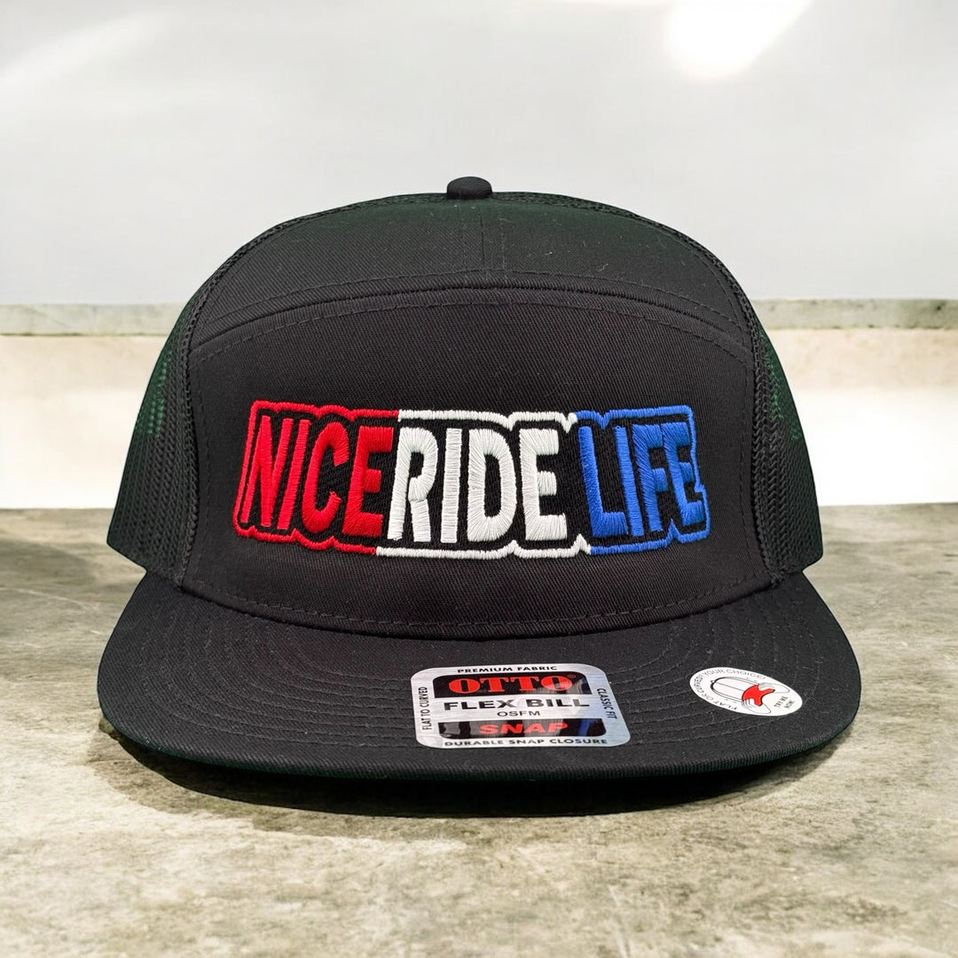 Black adjustable snapback hat with &