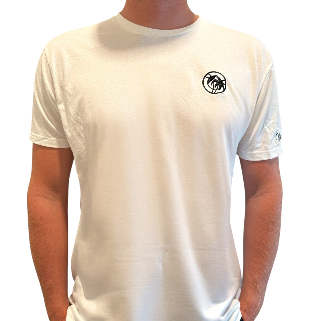 Niceride "Tri" Palm Men's white cotton short sleeve t-shirt with embroidered design on the front.