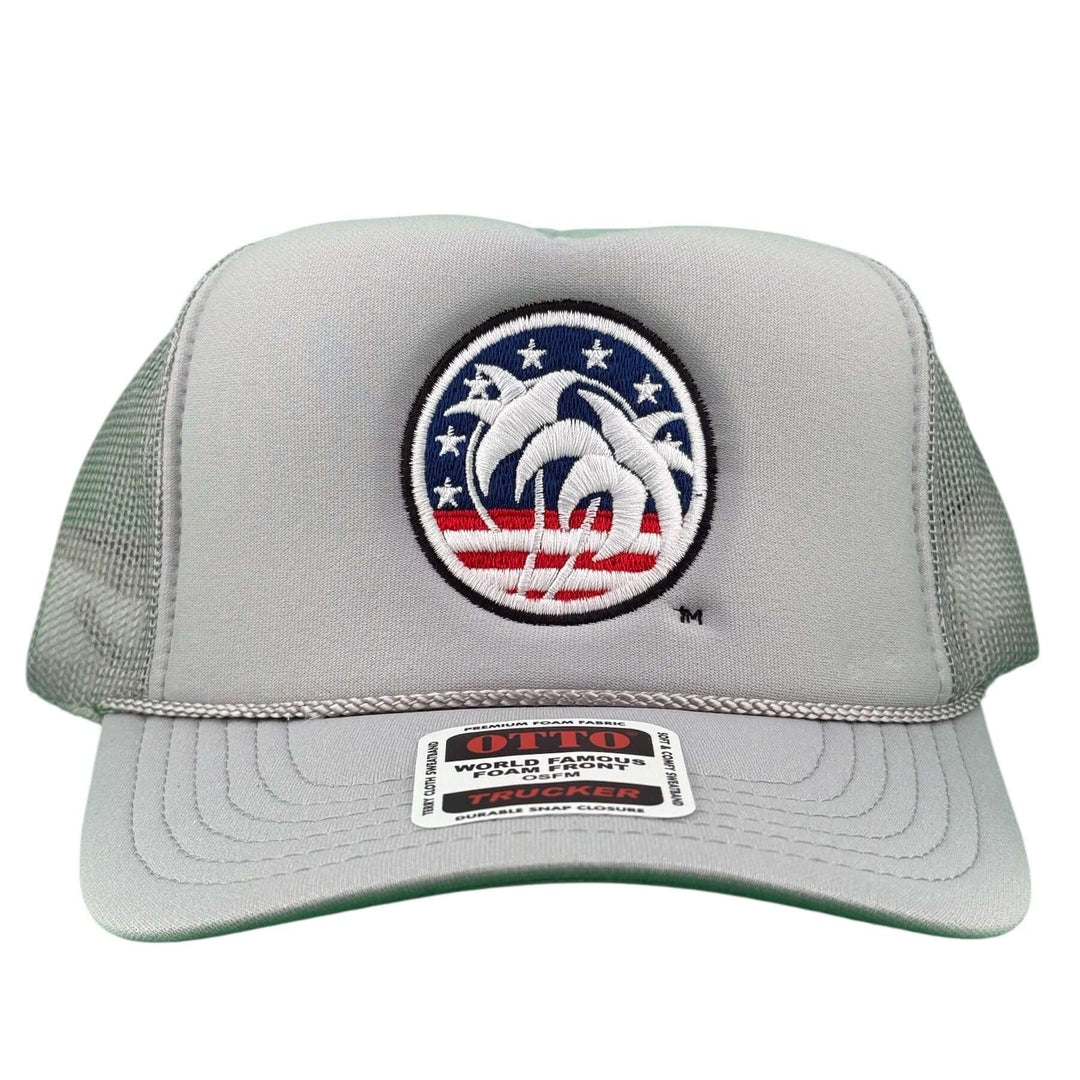 Silver Foam Trucker Hat with Spirit of 76 logo, breathable design, perfect for outdoor adventures.