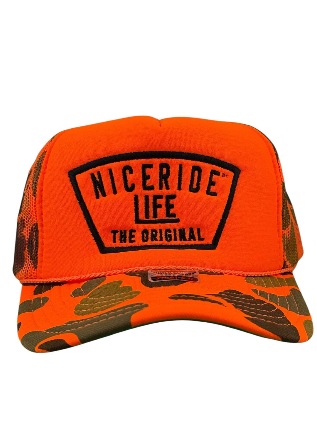 NICERIDE Grinder unisex foam trucker hat in orange with mesh backing and embroidered logo.