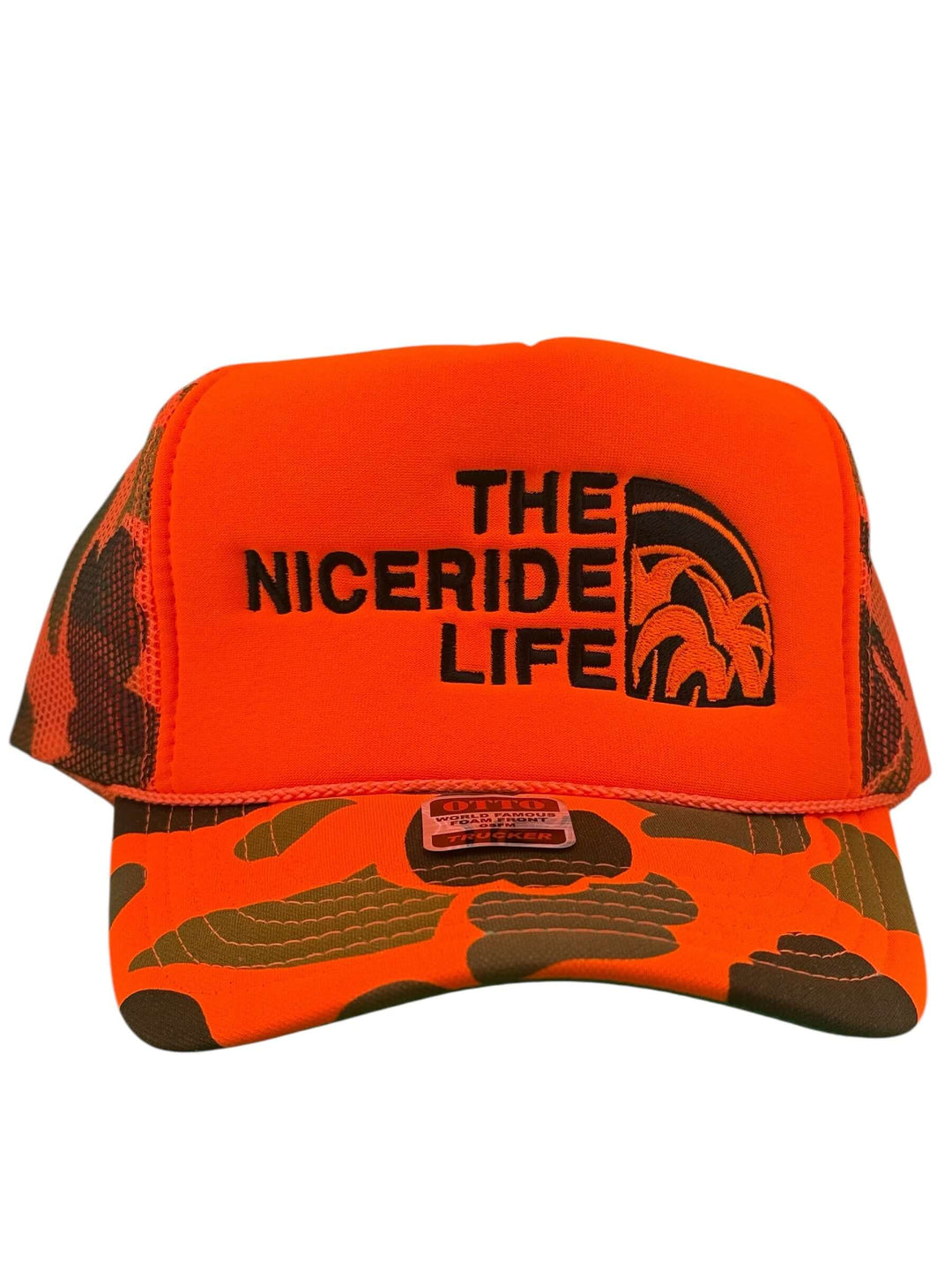 NICERIDE "Avalanche" unisex foam trucker hat in orange with camouflage pattern and embroidered logo.