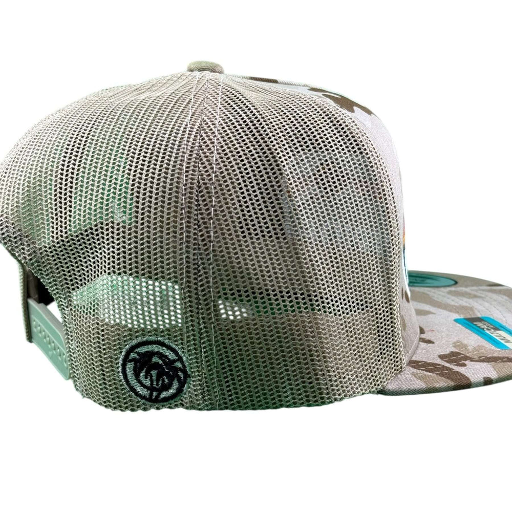 Glacier 6006 Unisex Tan camo Adjustable Trucker Hat side view showcasing mesh details.