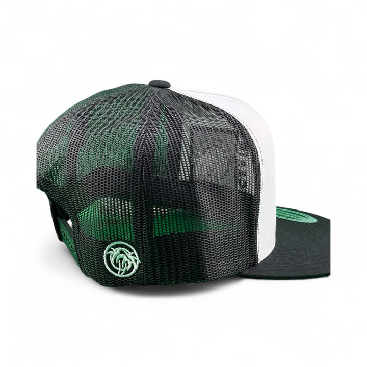 Back view of the NICERIDE "Vader" LP (Left Panel) Trucker Hat showcasing its mesh design and embroidered logo.