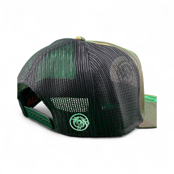 Back view of the Palm Beach 7 Panel Unisex Camo Adjustable Hat featuring a mesh design and adjustable snapback.