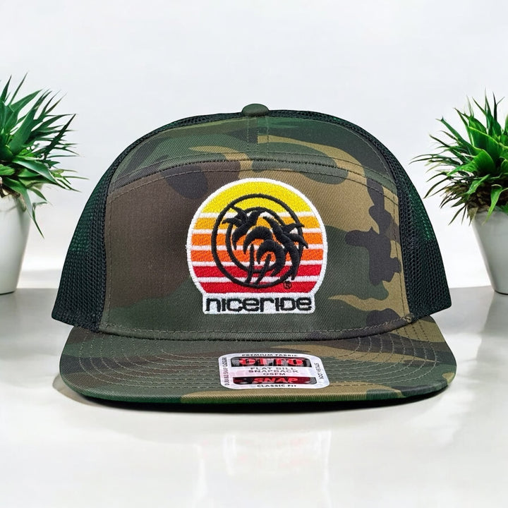Palm Beach 7 Panel Unisex Camo Adjustable Hat with embroidered logo and snapback closure.