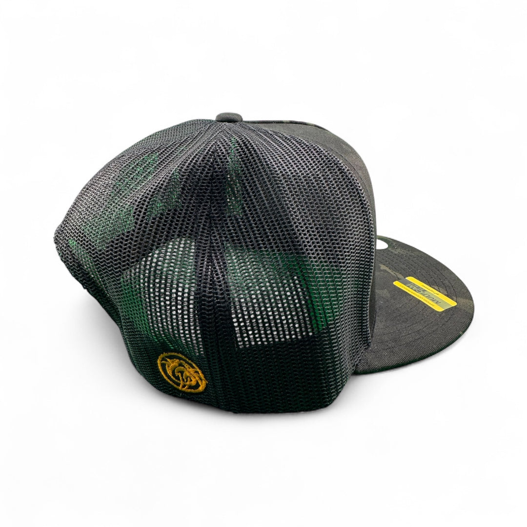 Back view of the Big Sky unisex snapback trucker hat showcasing the mesh design and logo.