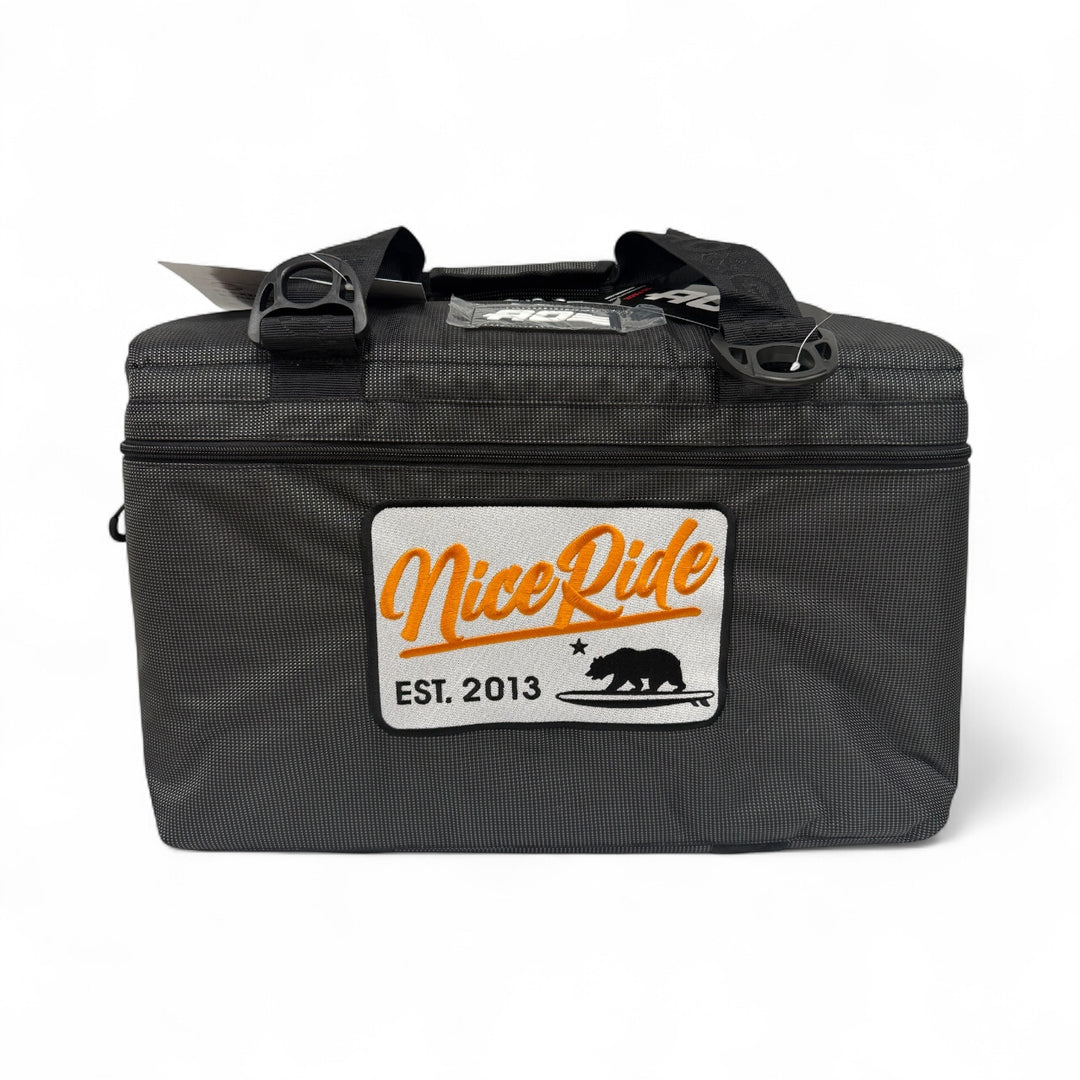 NICERIDE black vinyl soft-sided cooler with embroidered logo, perfect for keeping drinks cold.