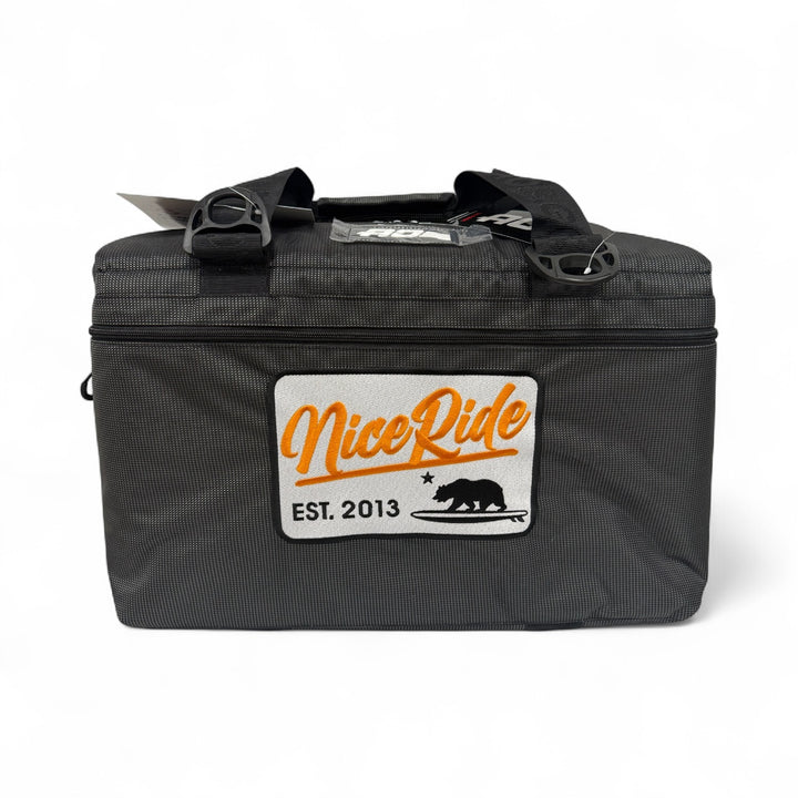 NICERIDE black vinyl soft-sided cooler with embroidered logo, perfect for keeping drinks cold.
