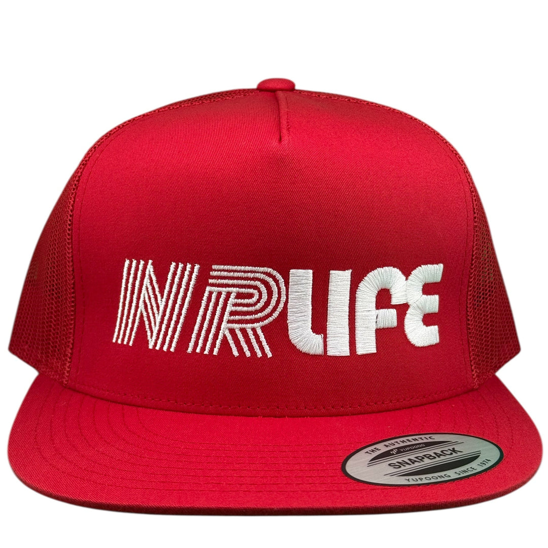Red NR LIFE unisex trucker hat with embroidered logo, snapback design for comfort and style. Hat suitable for everyday wear.