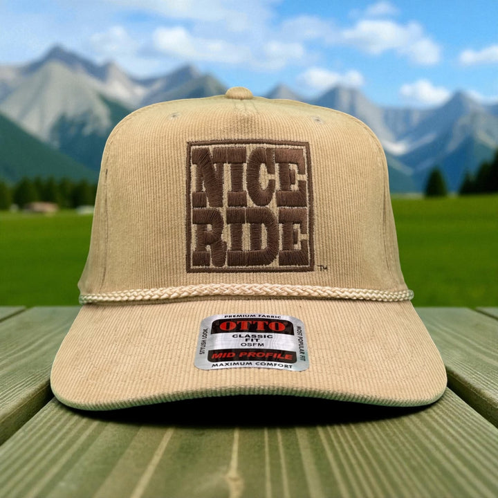 NR Trucker Corduroy OTTO CAP 5 Panel Snapback Baseball Cap in beige with NICE RIDE logo.