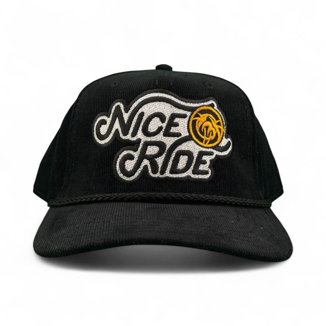 Niceride Wild West Corduroy snapback cap featuring embroidered logo on a black background.