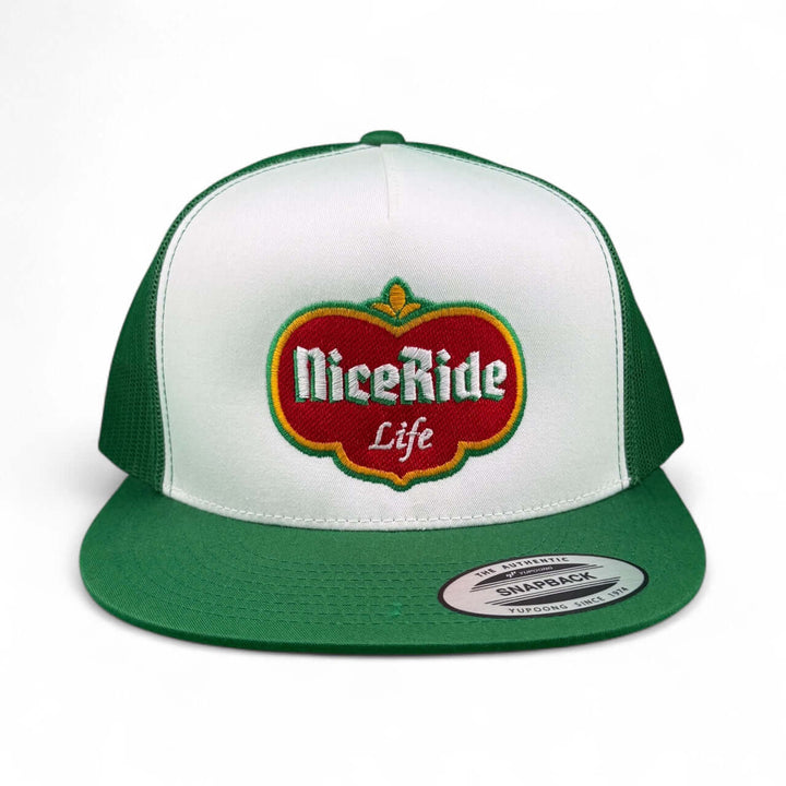 Dented unisex trucker hat featuring the NiceRide logo in red and green, perfect for outdoor style.
