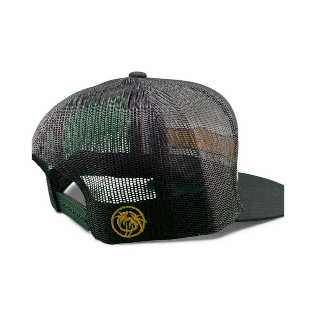 Back view of MUD 6006 Unisex Adjustable Trucker Hat showcasing its mesh design and logo.