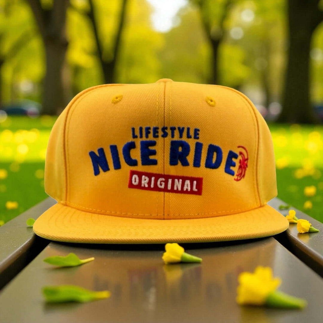 "Rock Hard" Decky 6020 High Profile 6 Panel Snapback, Flat Bill Hat in yellow with embroidered text.