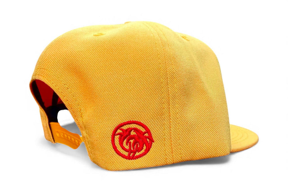 Rock Hard Decky 6020 High Profile 6 Panel Snapback, Flat Bill Hat in yellow with red logo detail.