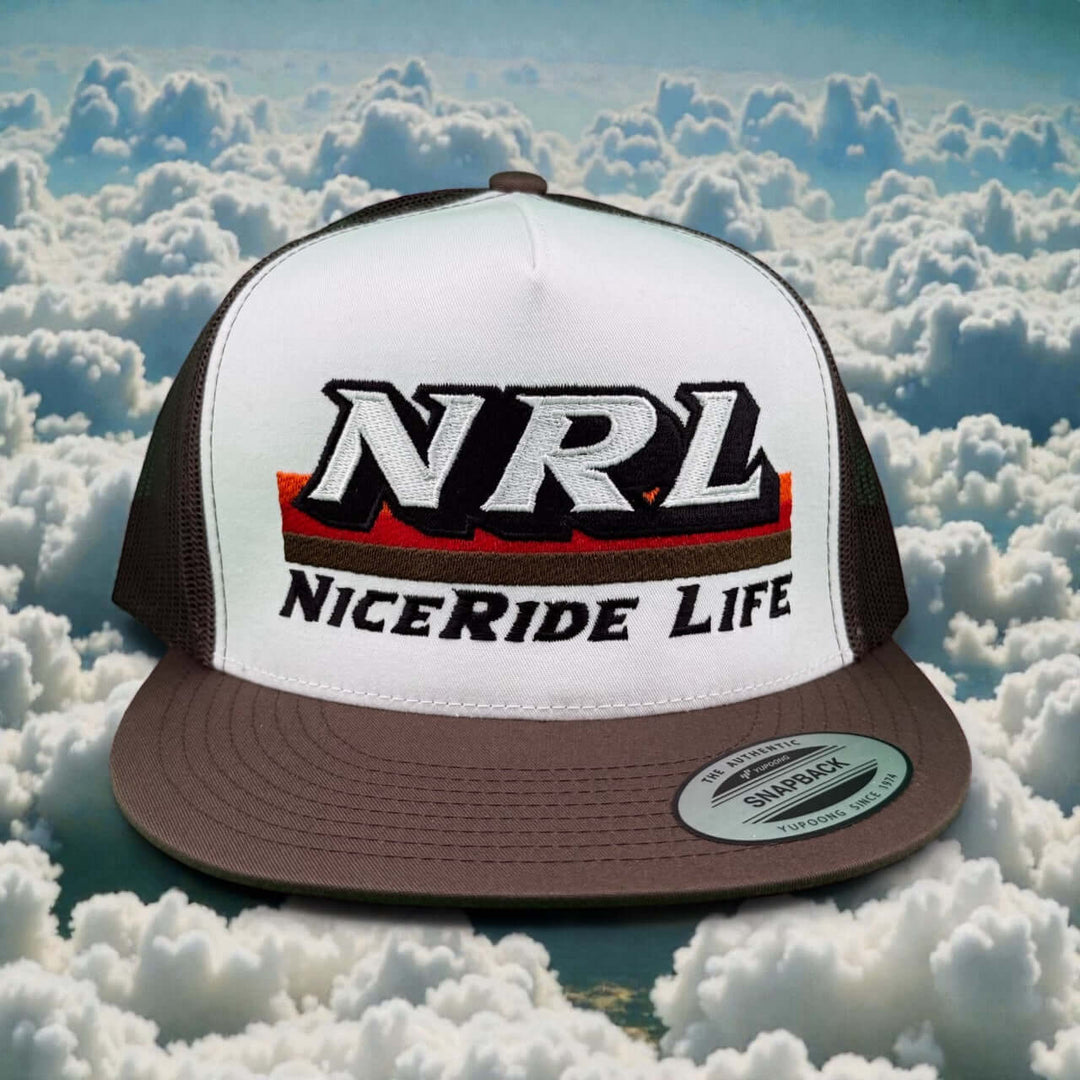 Niceride Life NRL snapback hat against a cloudy sky, featuring a unisex design perfect for street style.