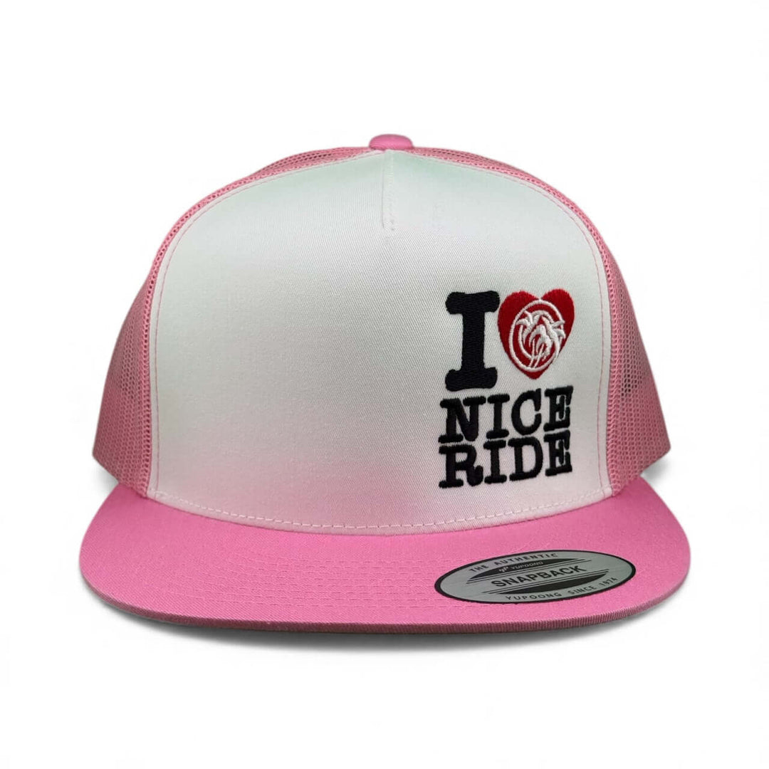 IHEART 6006 Unisex Trucker Hat in pink with I LOVE NICE RIDE design, stylish outdoor snapback hat.