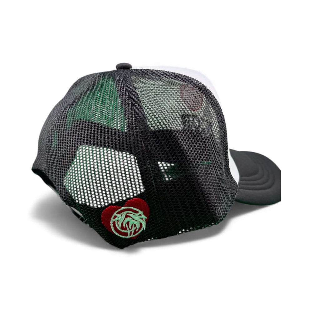 Back view of the IHEART Otto Foam unisex adjustable trucker hat showing mesh design and embroidered logo.