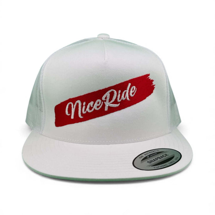 NICERIDE Stripe 6006 Unisex Adjustable Trucker Hat featuring a bold red logo on a white snapback design.
