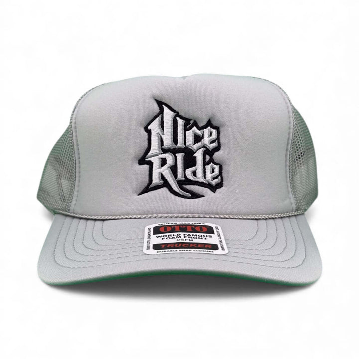 My Hero Otto Foam Trucker Hat featuring embroidered Nice Ride logo in grey color.