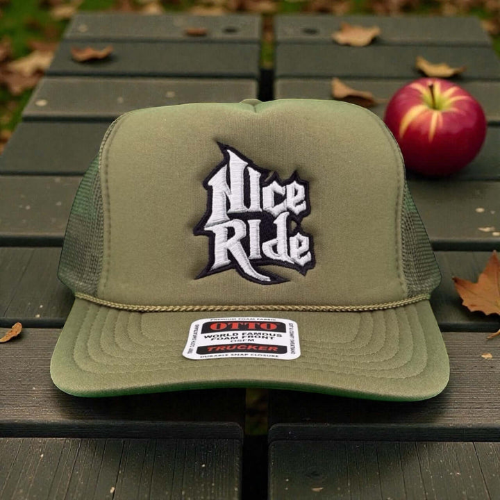NICERIDE "My Hero" Otto Foam Trucker Hat featuring embroidered logo on green cap.
