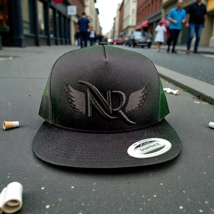 Soaring 3D Black Puff Unisex Adjustable Trucker Hat on sidewalk with urban background.