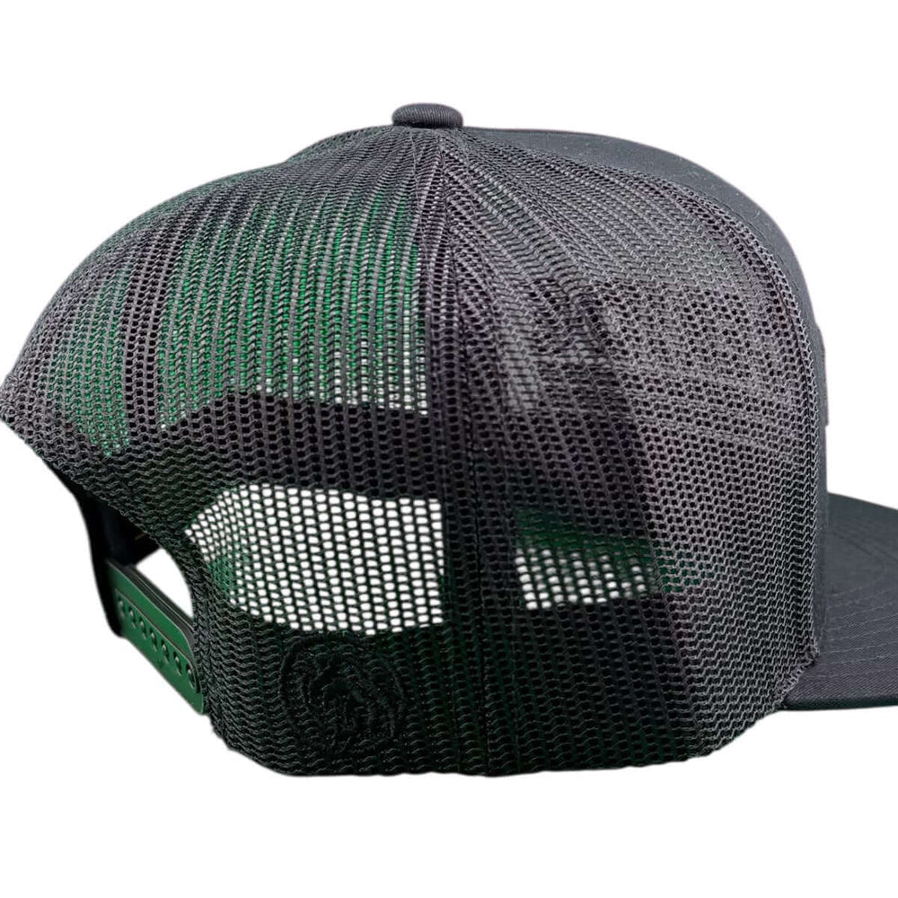 Back view of the "Signature" 3D Black Puff Unisex Adjustable Trucker Hat showcasing its mesh design and adjustable snapback.