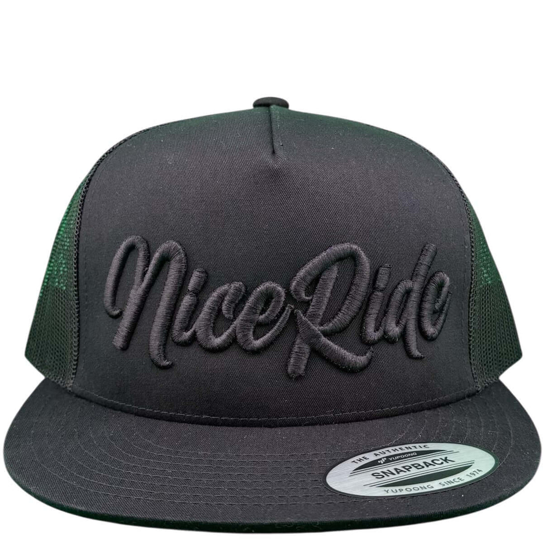 Signature 3D Black Puff Unisex Adjustable Trucker Hat featuring NICERIDE logo in black embroidery.