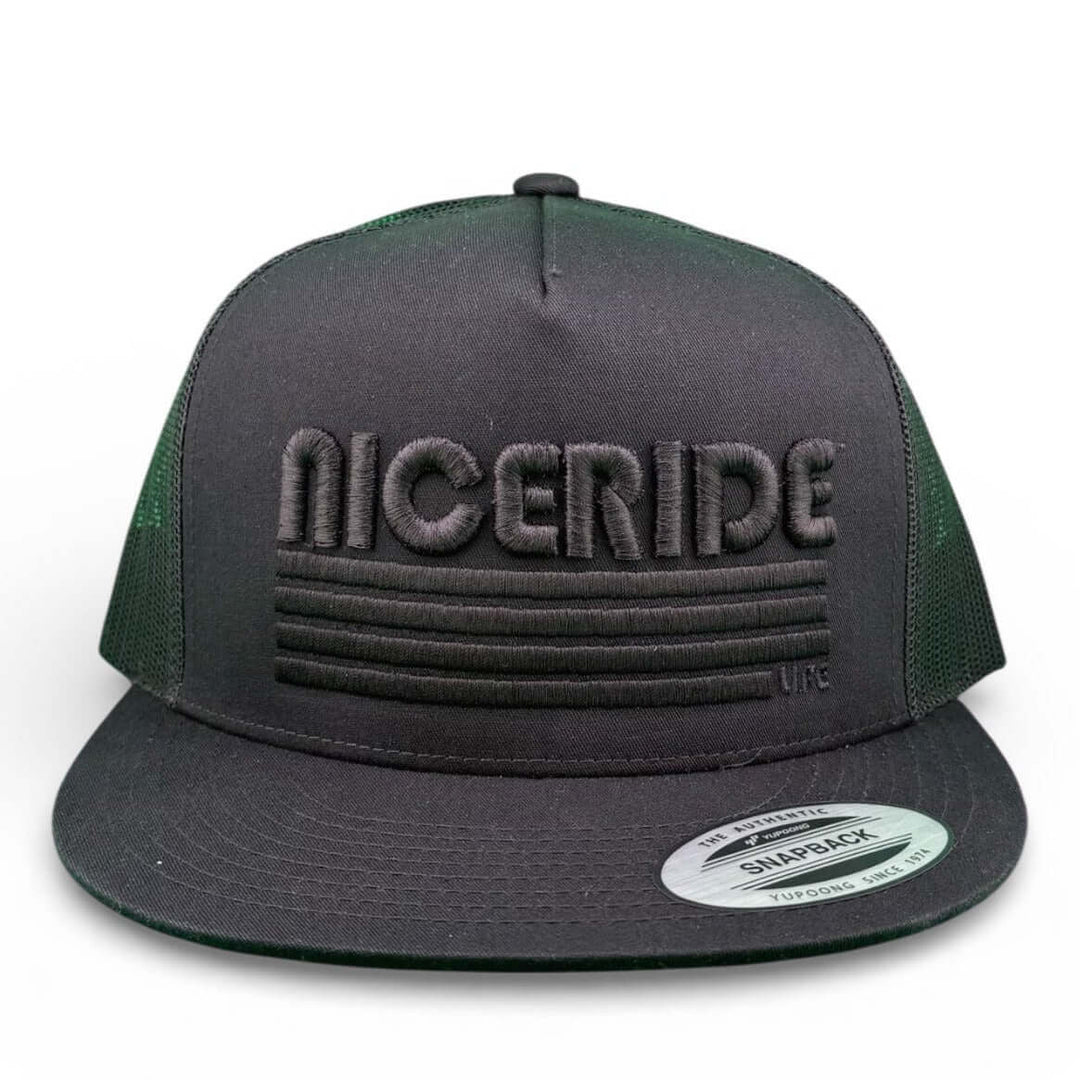 Trigger 3D Black Puff Unisex Adjustable Trucker Hat featuring NICERIDE logo in black.