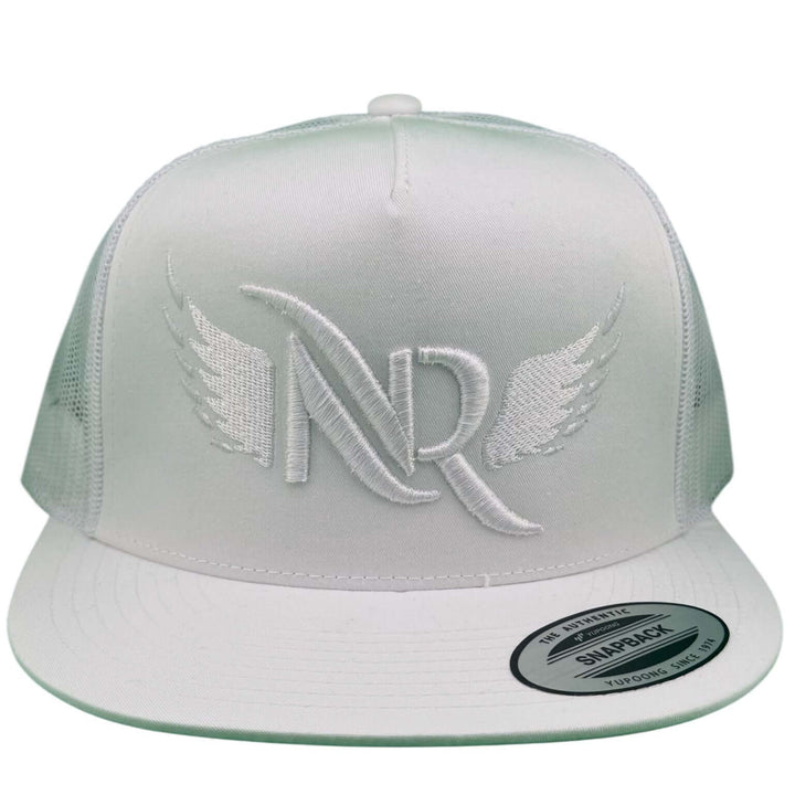Soaring 3D White Puff unisex adjustable trucker hat with bold NR logo and wings design.