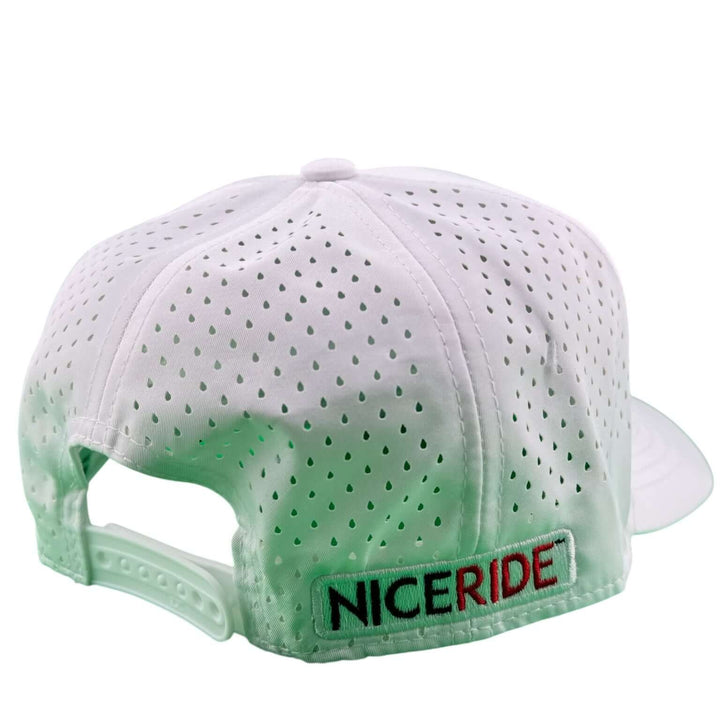 NICERIDE Rojo Negro 5-Panel Performance Golf Trucker Cap with laser-cut mesh back and snapback closure.