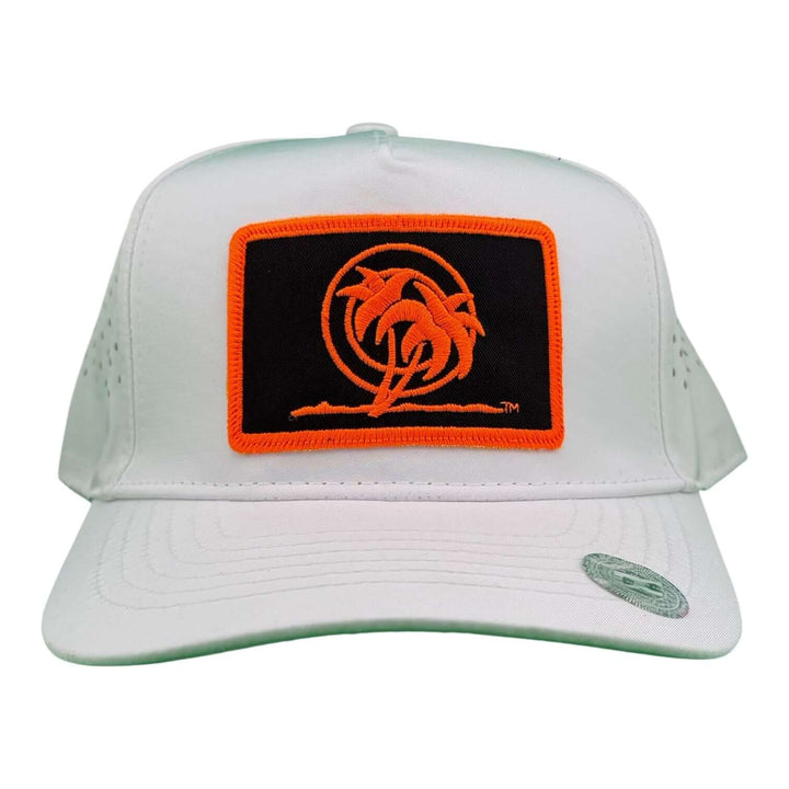 Neon Orange Palm Patch cap featuring a waterproof A-Frame design and laser-cut mesh back for performance golf.