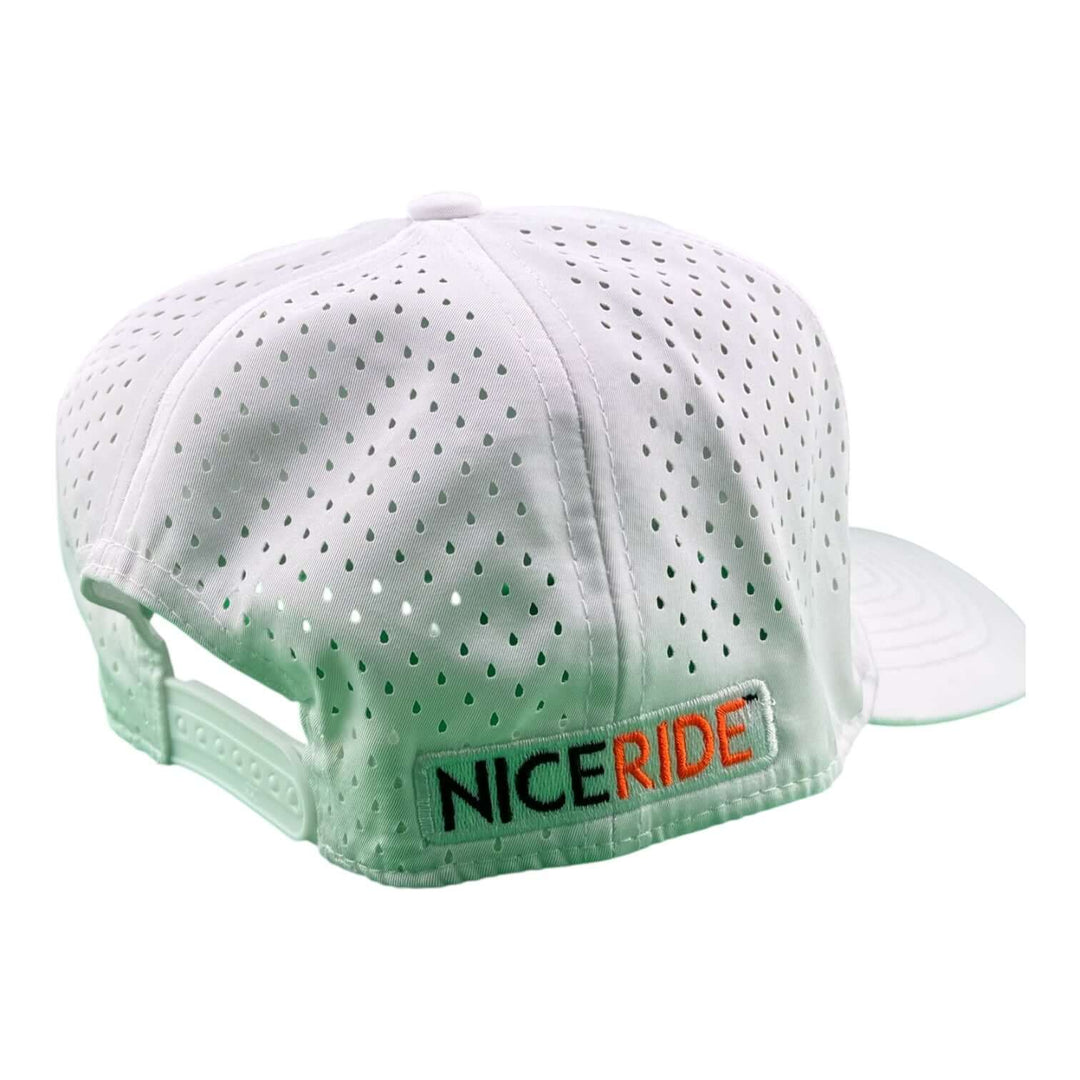 Back view of the NICERIDE cap featuring a perforated design and adjustable strap for breathability and comfort.