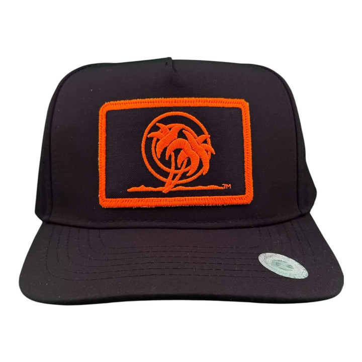 Neon Orange Palm Patch 5-Panel Performance Golf Trucker Cap showcasing a stylish black design with vibrant palm tree embroidery.